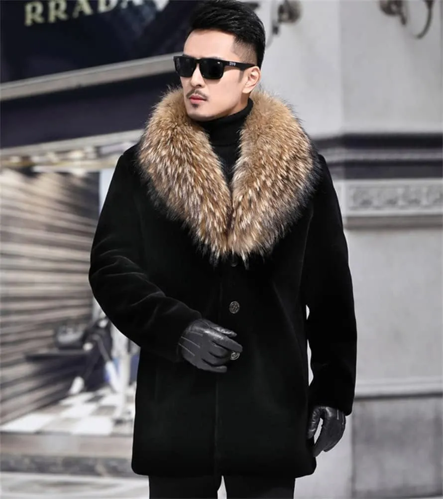 Men Long Faux Fur Coat Fluffy Fur Collar Luxury Outerwear Winter Thicken Warm Overcoat Soft Jacket