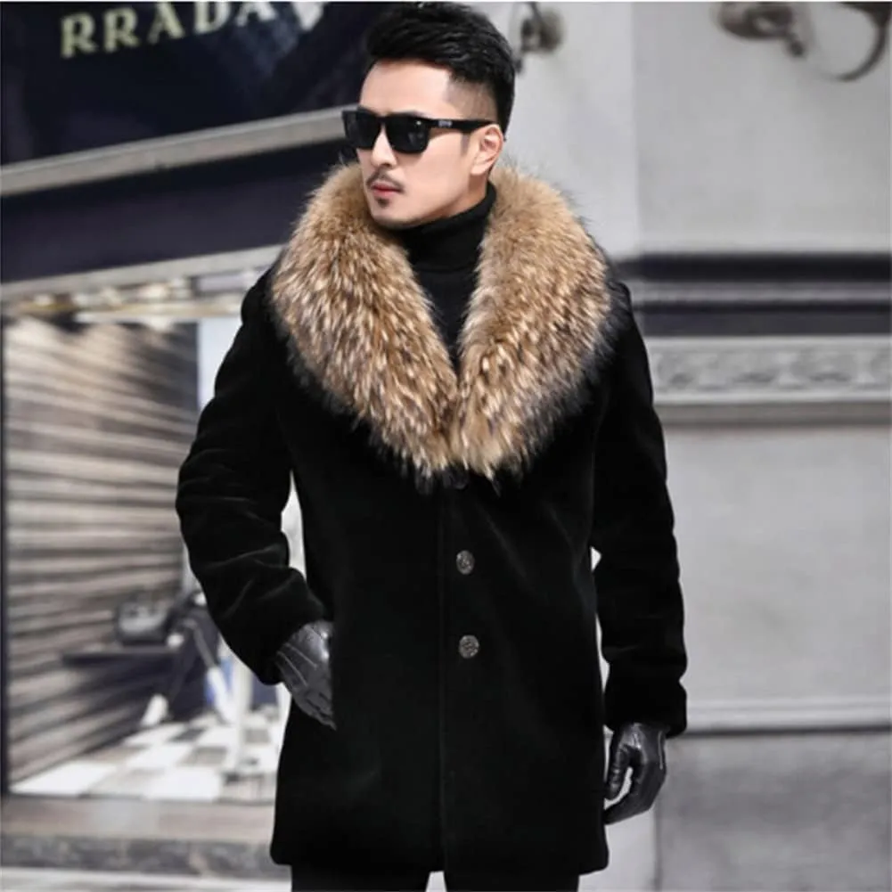 Men Long Faux Fur Coat Fluffy Fur Collar Luxury Outerwear Winter Thicken Warm Overcoat Soft Jacket