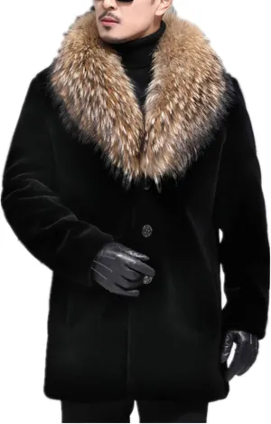 Men Long Faux Fur Coat Fluffy Fur Collar Luxury Outerwear Winter Thicken Warm Overcoat Soft Jacket