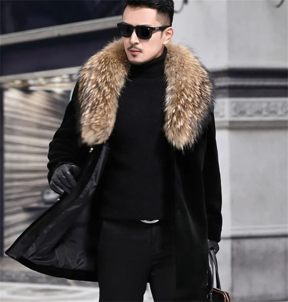Men Long Faux Fur Coat Fluffy Fur Collar Luxury Outerwear Winter Thicken Warm Overcoat Soft Jacket