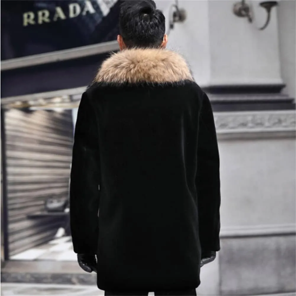 Men Long Faux Fur Coat Fluffy Fur Collar Luxury Outerwear Winter Thicken Warm Overcoat Soft Jacket