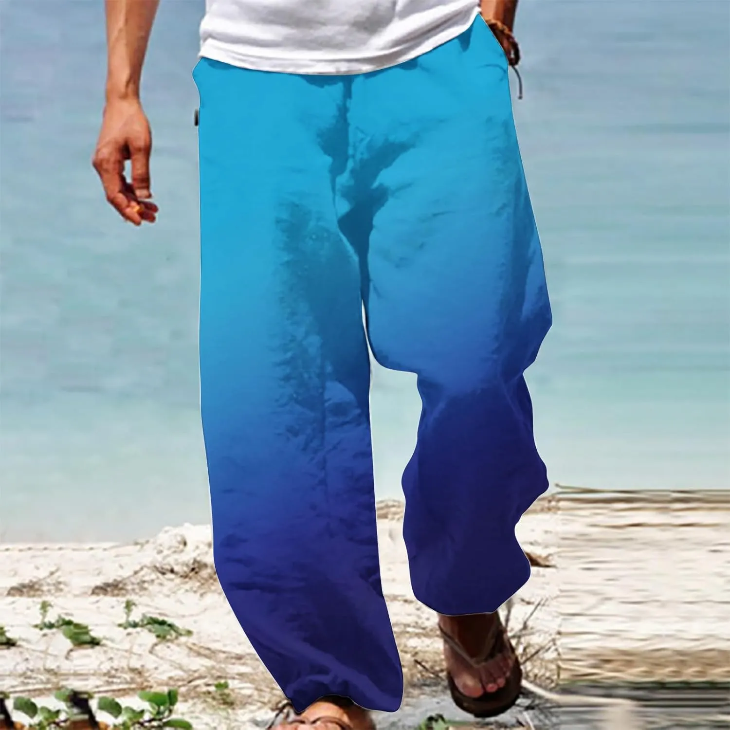 Men's Baggy Pants Gradient Print Casual Pant Elastic Waist Lace Up Sweatpants Loose Lightweight Beach Pants Trousers