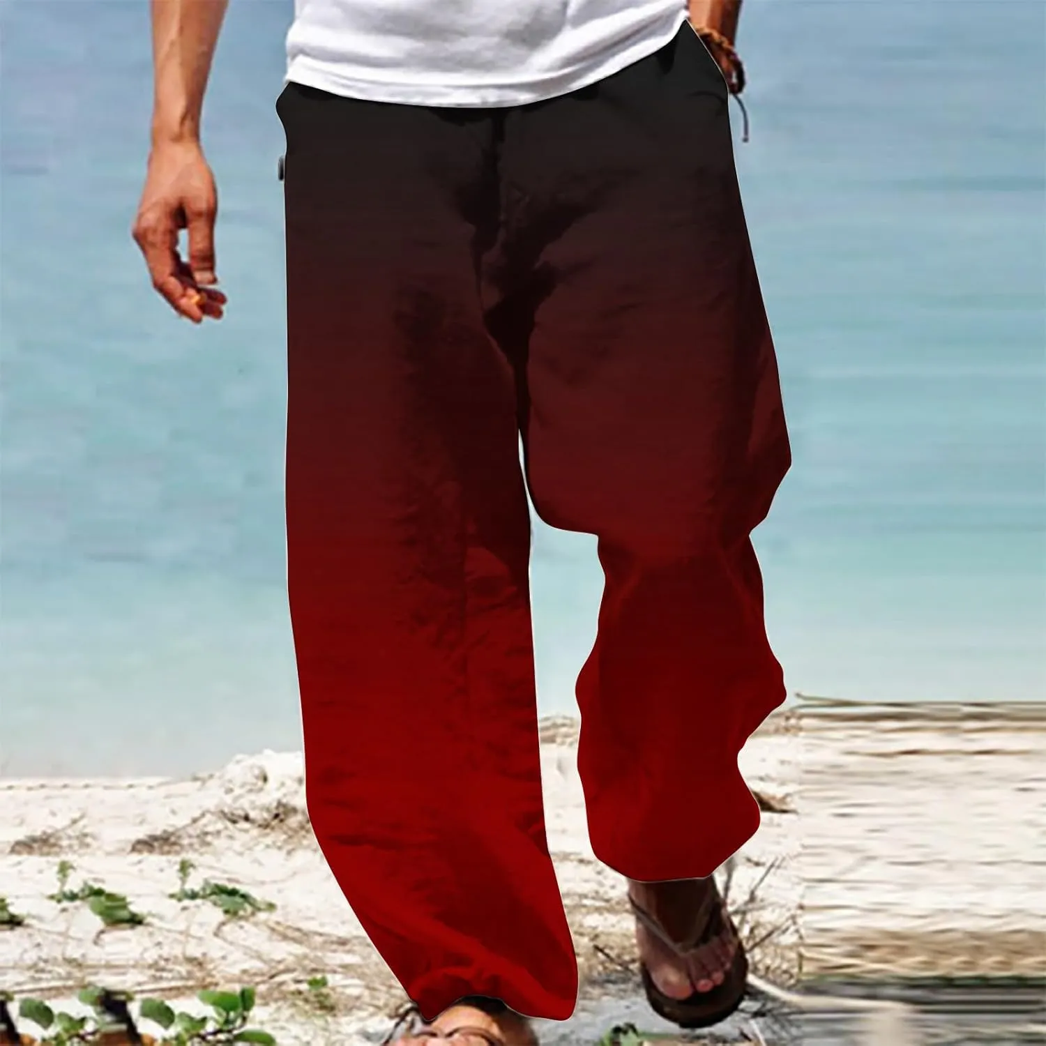 Men's Baggy Pants Gradient Print Casual Pant Elastic Waist Lace Up Sweatpants Loose Lightweight Beach Pants Trousers