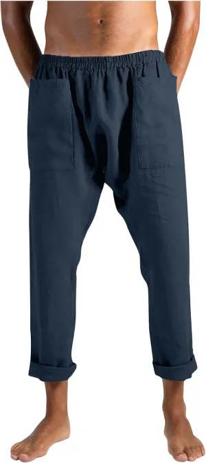 Mens Casual Elastic Waist Drawstring Cotton Linen Straight Lightweight Yoga Beach Summer Trousers Pants