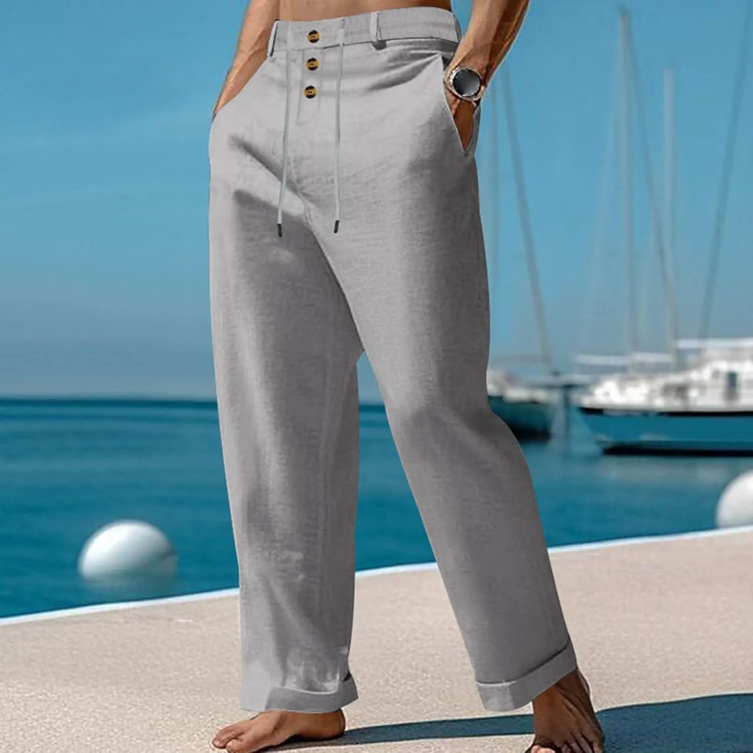 Mens Casual Linen Loose Fit Elastic Drawstring Lightweight Straight Legs Summer Beach Yoga Long Trousers Pants