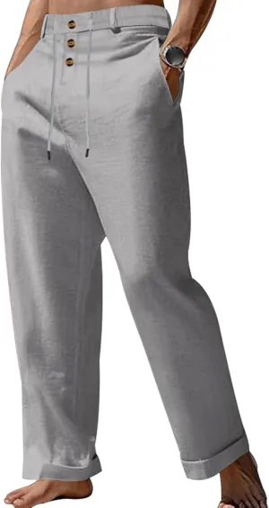 Mens Casual Linen Loose Fit Elastic Drawstring Lightweight Straight Legs Summer Beach Yoga Long Trousers Pants