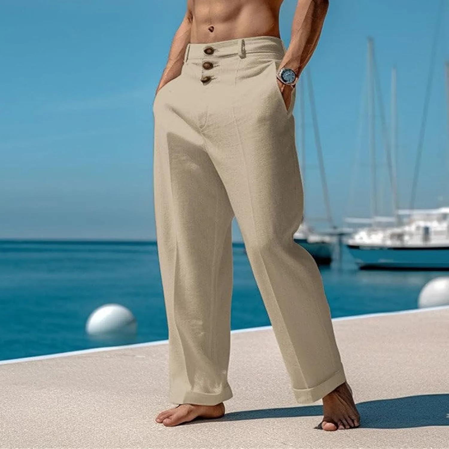 Mens Casual Linen Loose Fit Elastic Drawstring Waist Straight Legs Lightweight Summer Beach Yoga Long Pants
