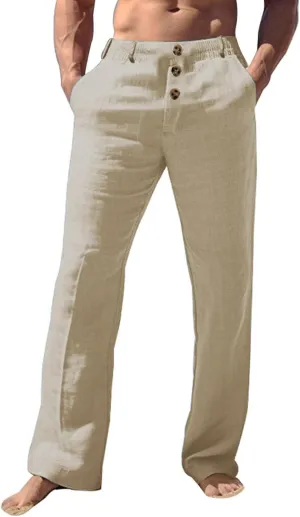 Mens Casual Linen Loose Fit Elastic Drawstring Waist Straight Legs Lightweight Summer Beach Yoga Long Pants