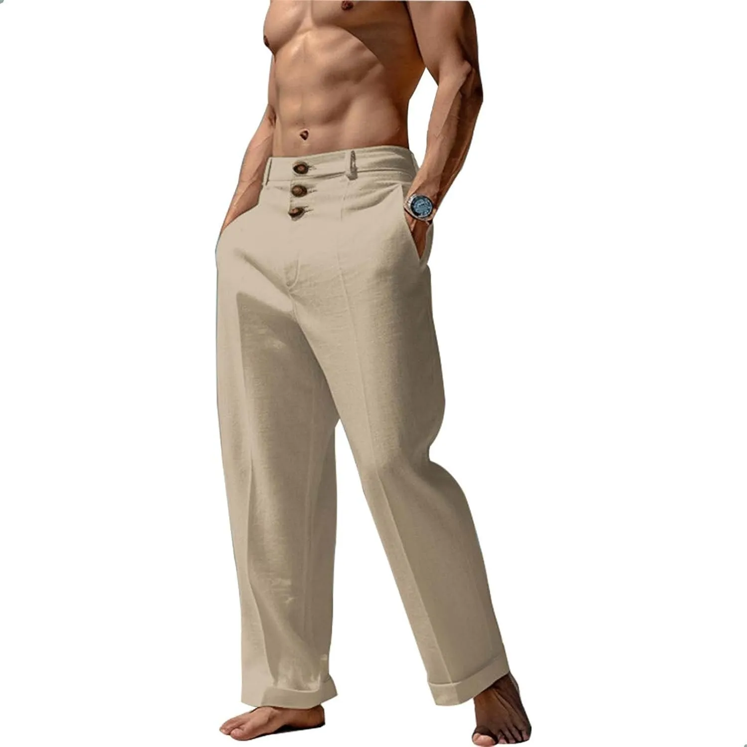 Mens Casual Linen Loose Fit Elastic Drawstring Waist Straight Legs Lightweight Summer Beach Yoga Long Pants