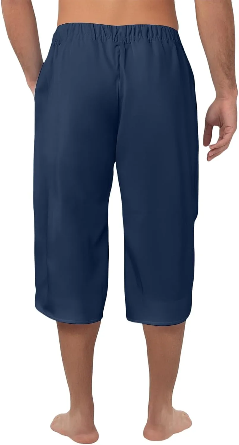 Mens Cotton Linen Pants Slim Fit 3/4 Long Shorts Elastic Waist Drawstring Harem Casual Beach Trousers