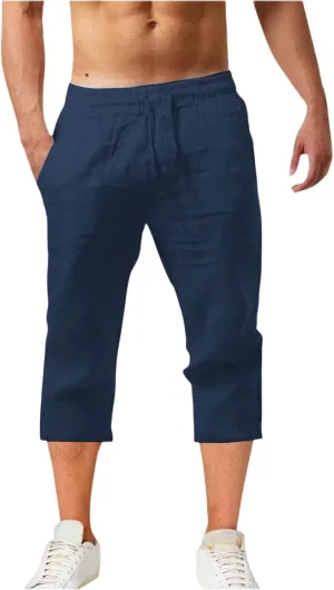Mens Cotton Linen Pants Slim Fit 3/4 Long Shorts Elastic Waist Drawstring Harem Casual Beach Trousers