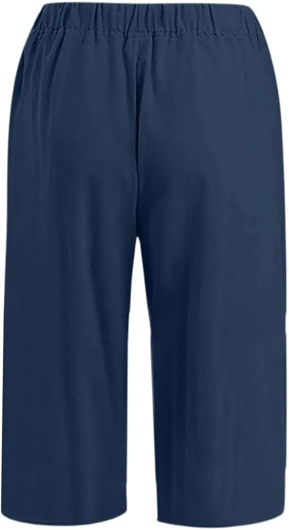 Mens Cotton Linen Pants Slim Fit 3/4 Long Shorts Elastic Waist Drawstring Harem Casual Beach Trousers