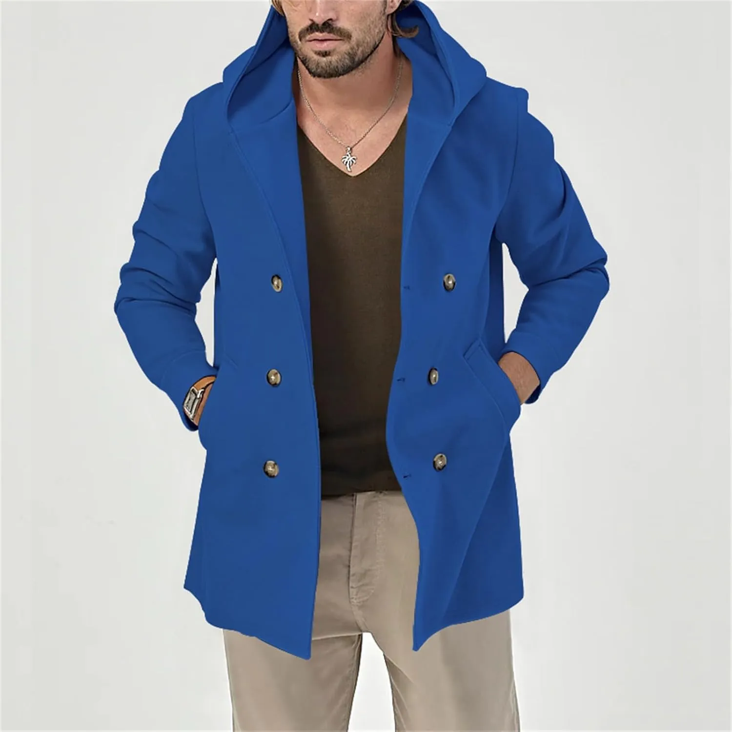 Mens Fashion Classic Pea Coat Notched Collar Double Breasted Slim Fit Winter Warm Heavyweight Trench Coats