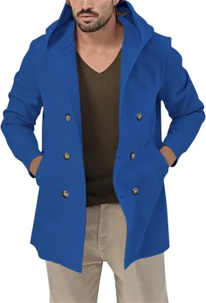 Mens Fashion Classic Pea Coat Notched Collar Double Breasted Slim Fit Winter Warm Heavyweight Trench Coats