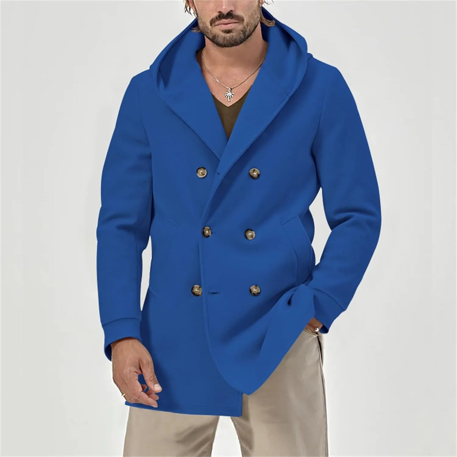 Mens Fashion Classic Pea Coat Notched Collar Double Breasted Slim Fit Winter Warm Heavyweight Trench Coats