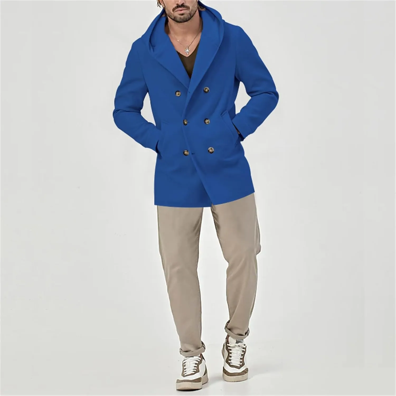 Mens Fashion Classic Pea Coat Notched Collar Double Breasted Slim Fit Winter Warm Heavyweight Trench Coats