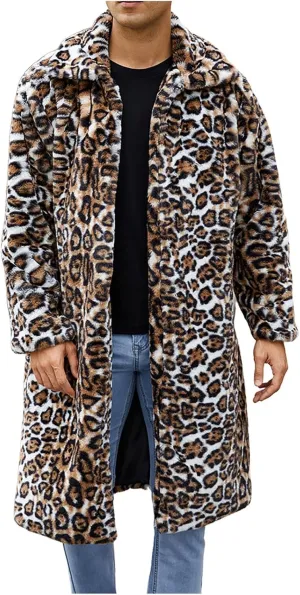 Men's Faux Fur Coat Jacket, Winter Fluffy Coat Outwear Long Parka Overcoat, Turn Down Open Front Coat Halloween