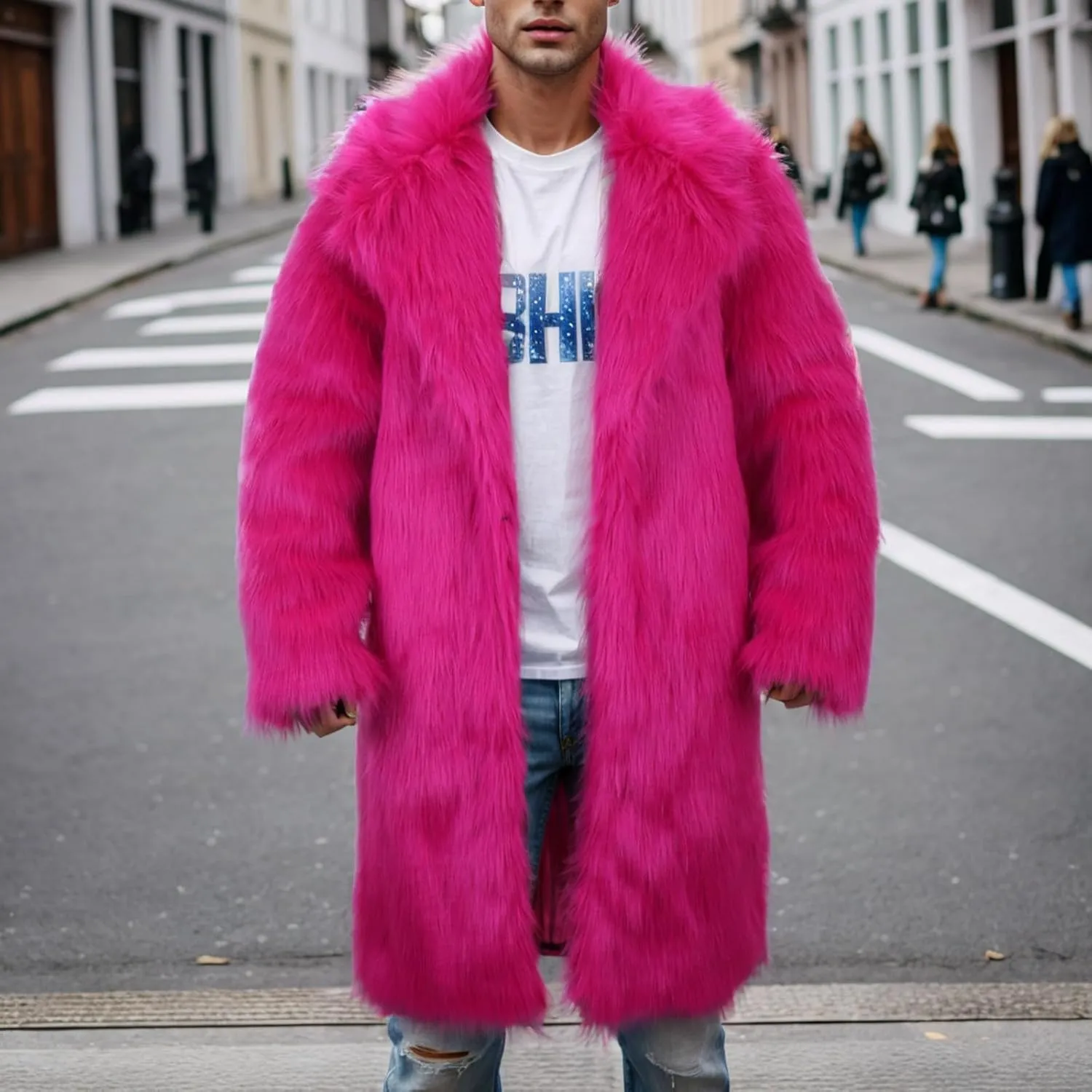 Mens Faux Fur Coat Winter Luxury Thicken Warm Parka Jacket Fluffy Fleece Open Front Long Cardigan Overcoat Outwear