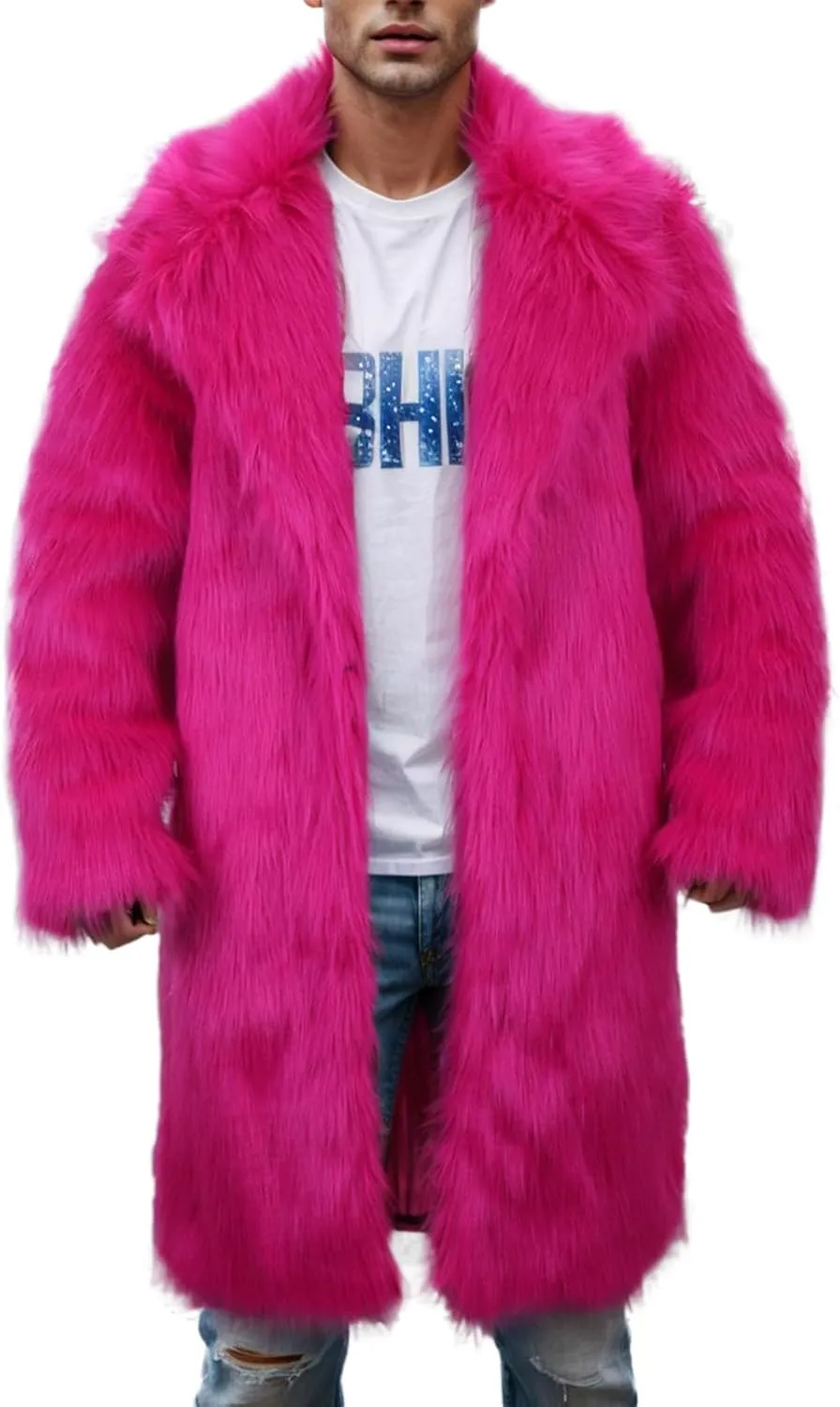Mens Faux Fur Coat Winter Luxury Thicken Warm Parka Jacket Fluffy Fleece Open Front Long Cardigan Overcoat Outwear