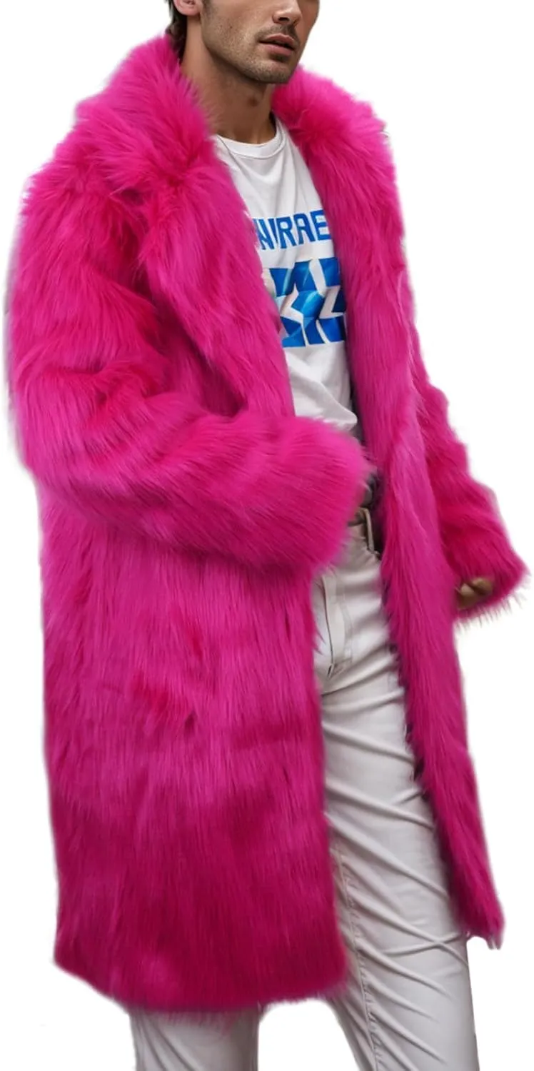 Mens Faux Fur Coat Winter Luxury Thicken Warm Parka Jacket Fluffy Fleece Open Front Long Cardigan Overcoat Outwear