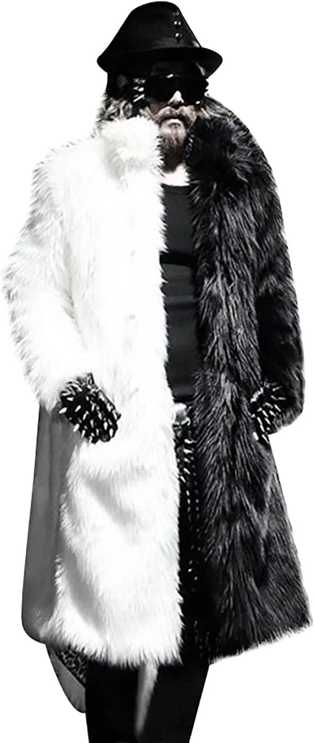 Men's Faux Fur Coats, Open Front Plus Size Thicken Warm Winter Overcoat, Luxury Fluffy Long Jackets Cardigan