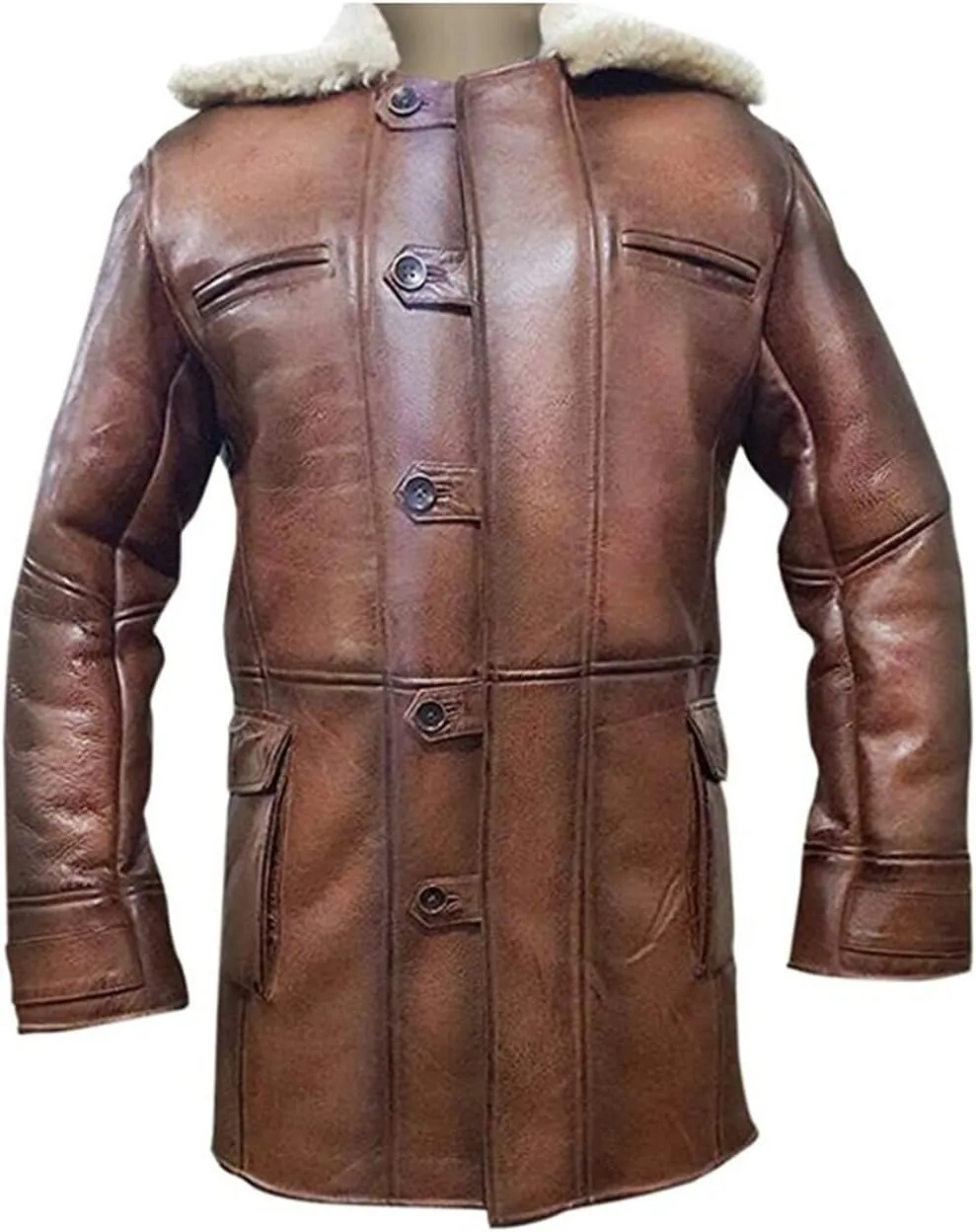 Mens Genuine Sheepskin Leather Midlength Coat Ginger Brown Faux Fur Shearling Winter Leather Pea Coat