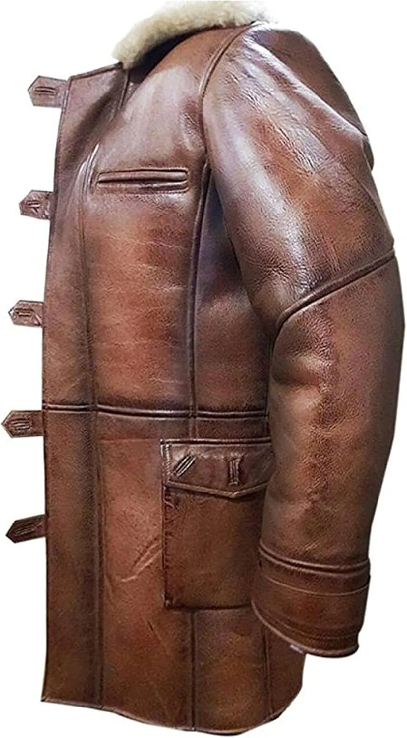 Mens Genuine Sheepskin Leather Midlength Coat Ginger Brown Faux Fur Shearling Winter Leather Pea Coat