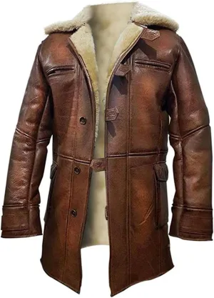Mens Genuine Sheepskin Leather Midlength Coat Ginger Brown Faux Fur Shearling Winter Leather Pea Coat