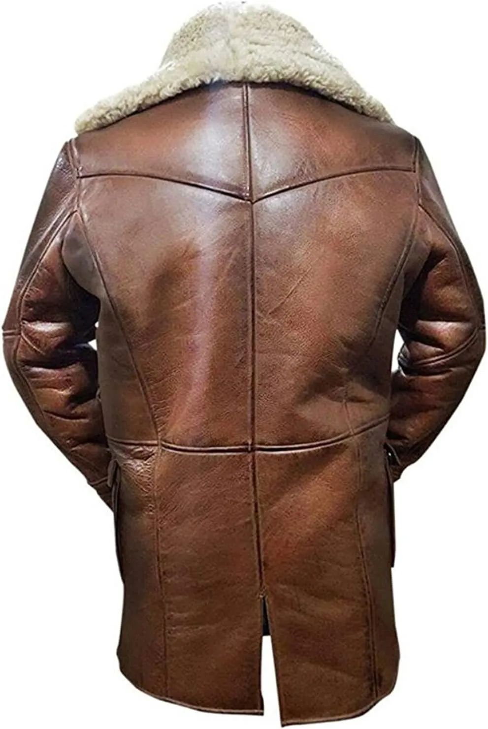 Mens Genuine Sheepskin Leather Midlength Coat Ginger Brown Faux Fur Shearling Winter Leather Pea Coat
