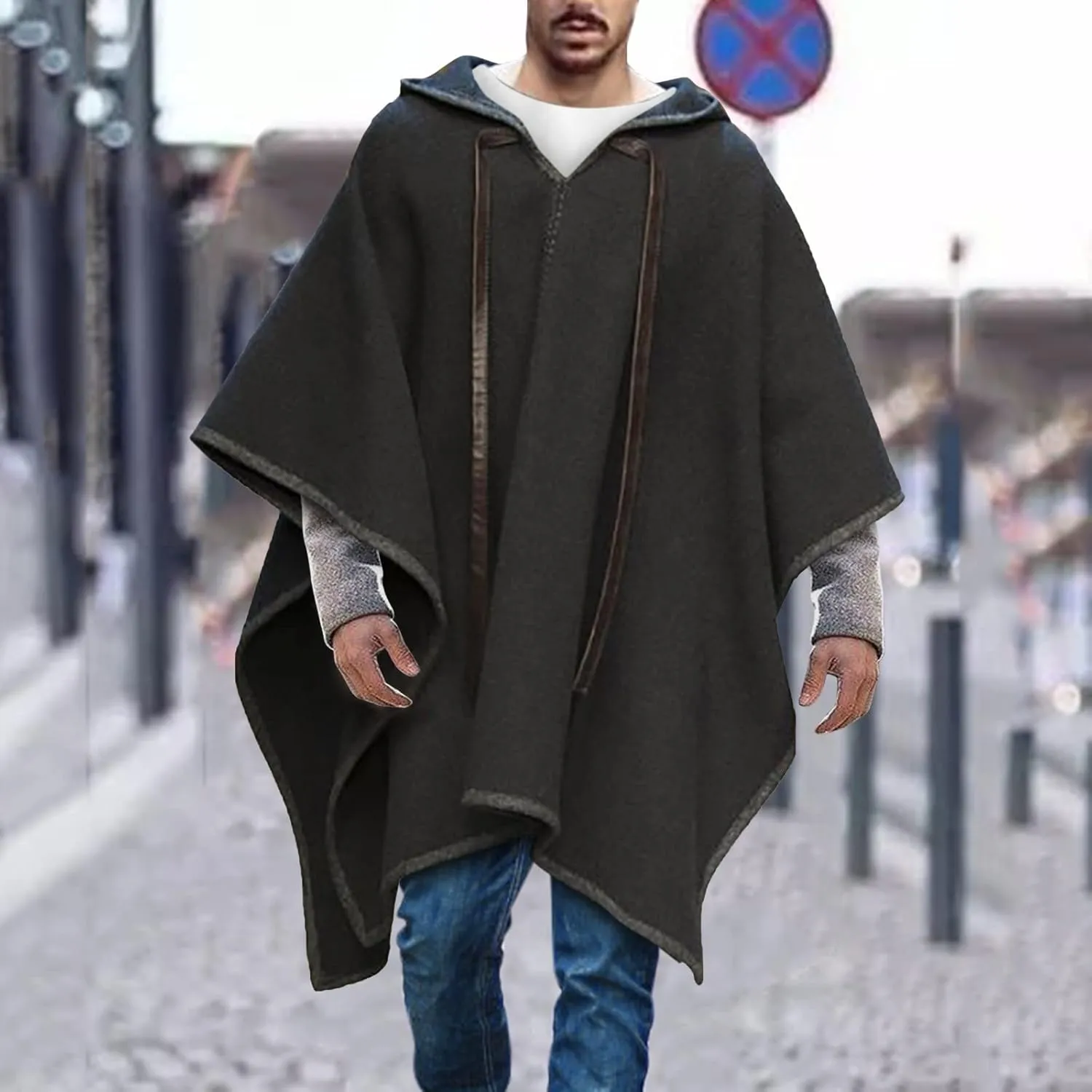 Men's Hooded Poncho Cape Cloak 2024 Winter Warm Pullover Hoodies Oversized Batwing Sleeves Trendy Overcoat
