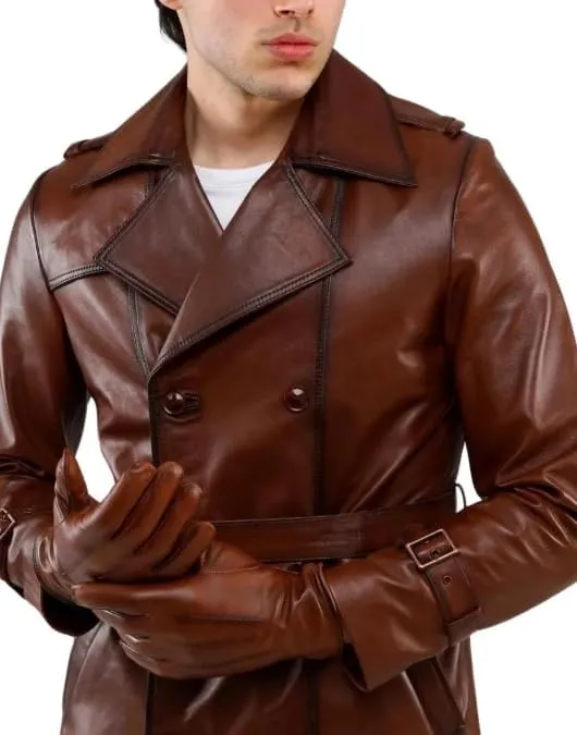 Mens Leather Long Coat - Men's Trench Full Body Genuine Leather Coat - Real Lambskin Leather Long Coat