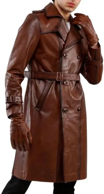 Mens Leather Long Coat - Men's Trench Full Body Genuine Leather Coat - Real Lambskin Leather Long Coat