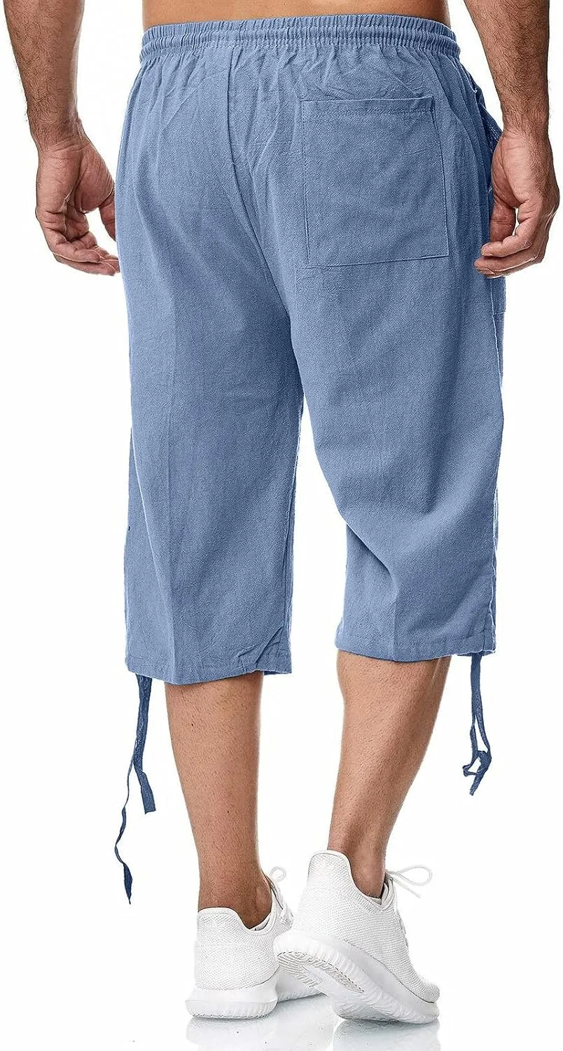 Mens Linen Below Knee Length 3/4 Drawstring Soft Casual Summer Sport Running Lounge Work Capri Shorts Pant