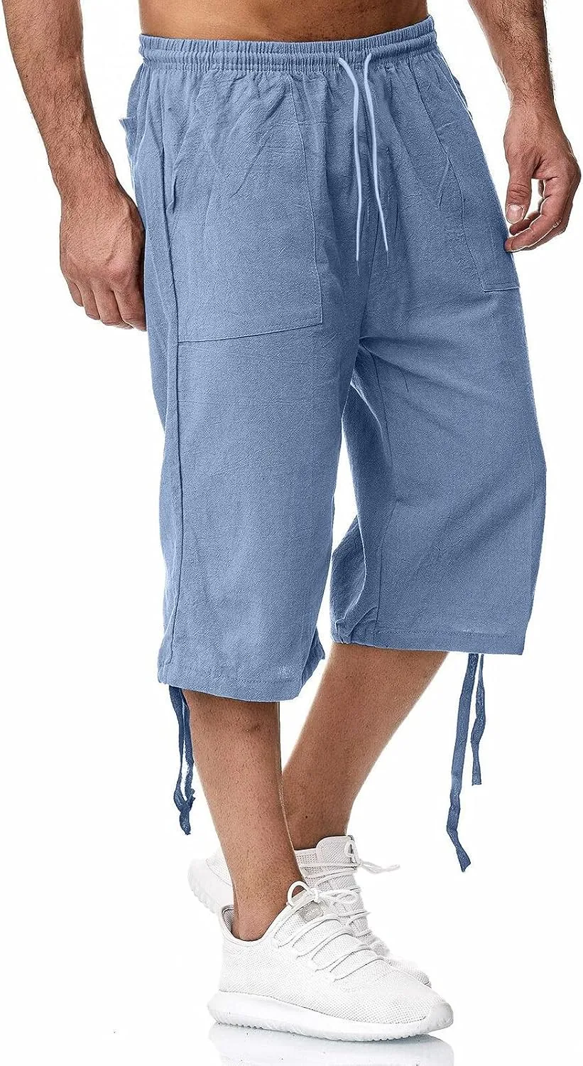 Mens Linen Below Knee Length 3/4 Drawstring Soft Casual Summer Sport Running Lounge Work Capri Shorts Pant