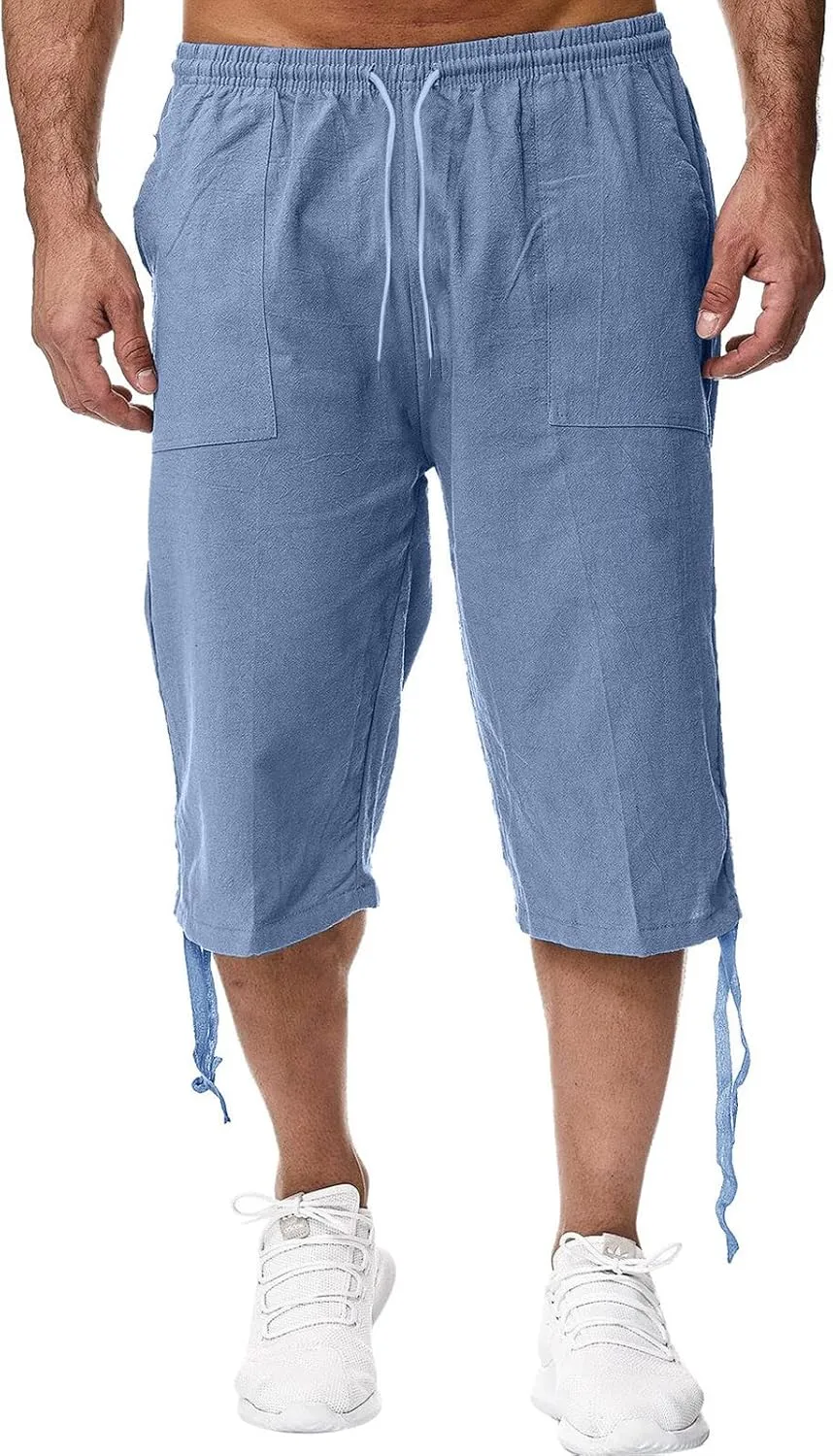 Mens Linen Below Knee Length 3/4 Drawstring Soft Casual Summer Sport Running Lounge Work Capri Shorts Pant