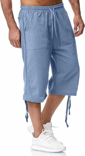 Mens Linen Below Knee Length 3/4 Drawstring Soft Casual Summer Sport Running Lounge Work Capri Shorts Pant