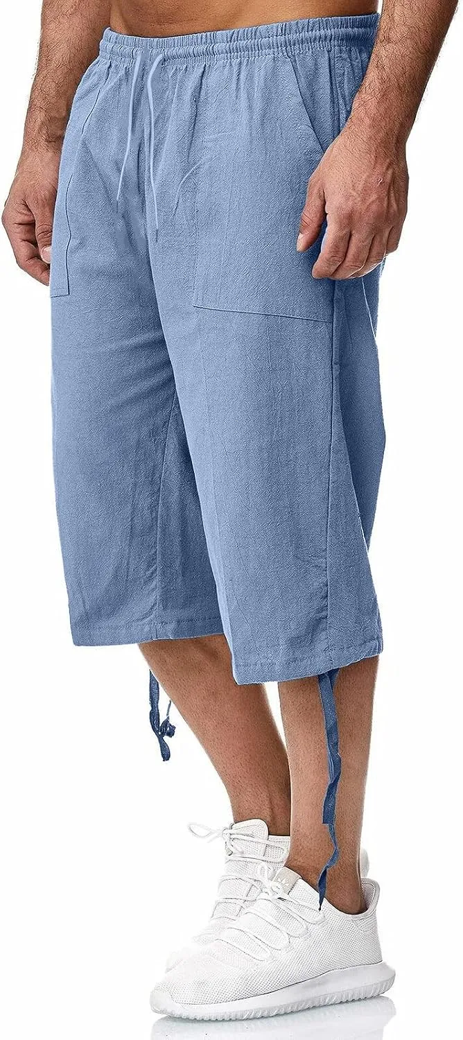Mens Linen Below Knee Length 3/4 Drawstring Soft Casual Summer Sport Running Lounge Work Capri Shorts Pant