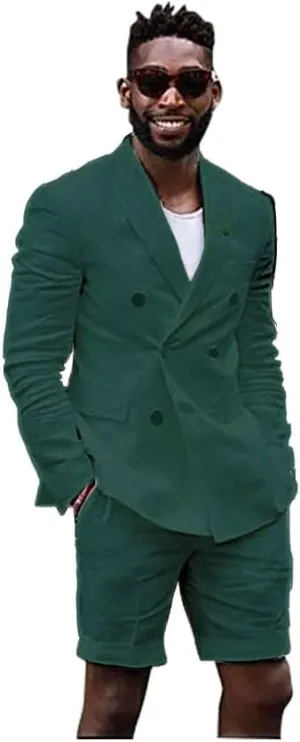 Mens Linen Cotton Shorts Suit Casual Grooms Beach Wedding Slim Fit Tuxedo Suit Blazer & Shorts Set