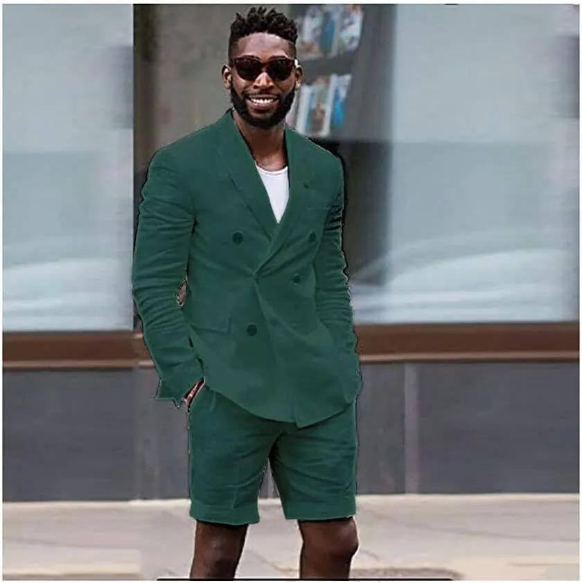 Mens Linen Cotton Shorts Suit Casual Grooms Beach Wedding Slim Fit Tuxedo Suit Blazer & Shorts Set