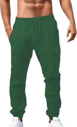 Men's Linen Pants Elastic Drawstring Casual Loose Fit Beach Summer Trousers Lightweight Slacks Yoga Outfits