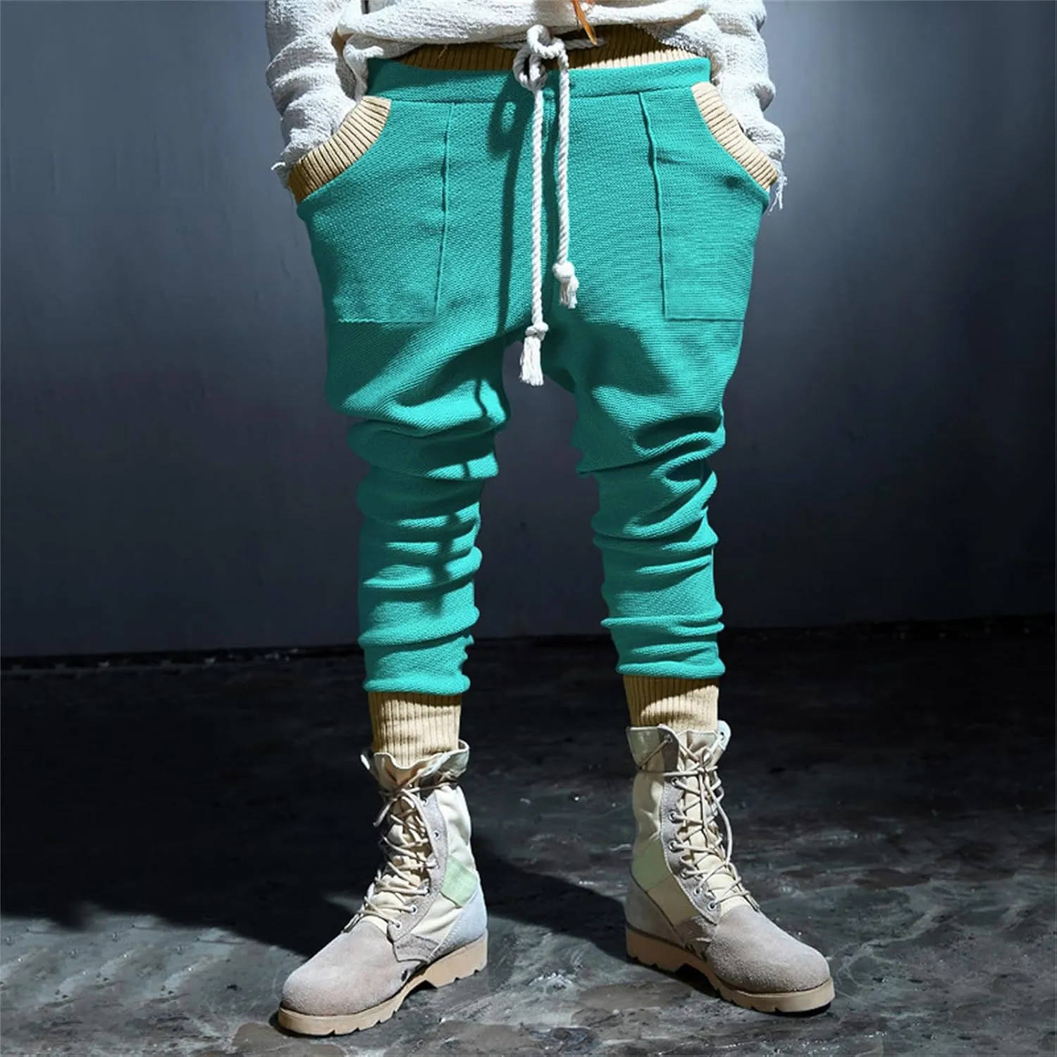Mens Novelty Drawstring Slim Fit Knitted Casual Loose Lightweight Wrinkle Free Fashion Long Dress Suit Trousers Pants