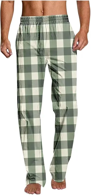 Mens Pajama Pants Trendy Plaid Print Home Pants Elastic Waist Casual Pants Lightweight Straight Leg Slim Fit Trousers