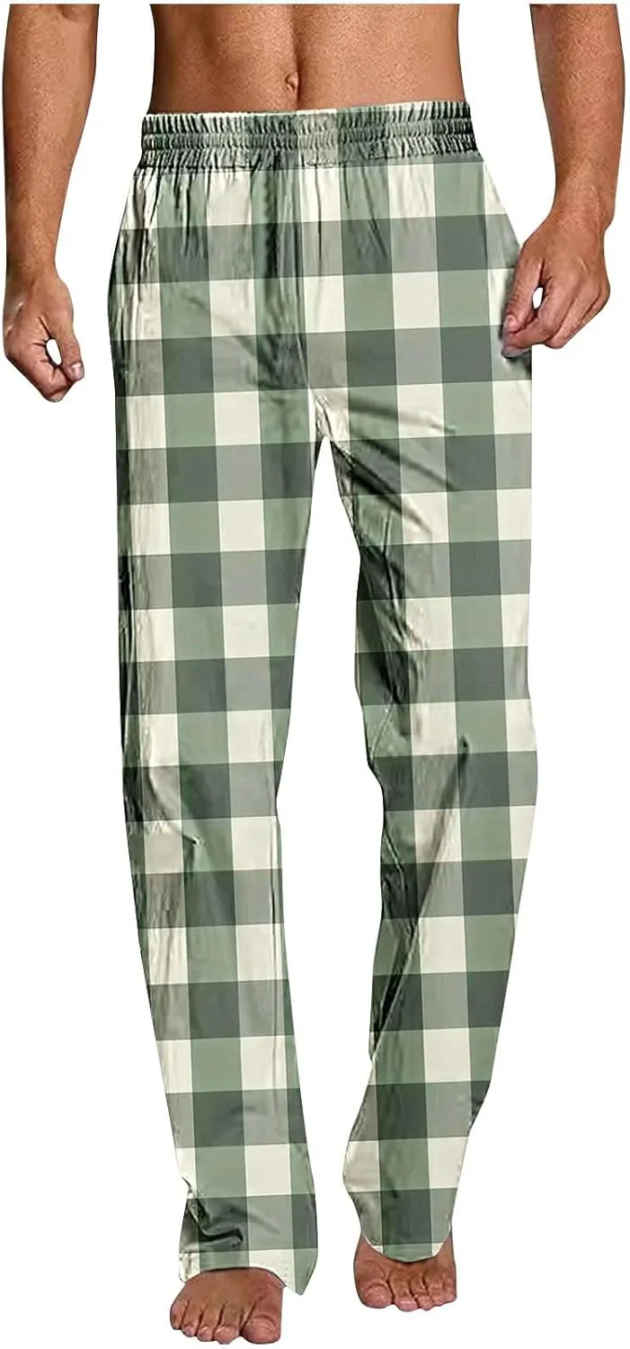 Mens Pajama Pants Trendy Plaid Print Home Pants Elastic Waist Casual Pants Lightweight Straight Leg Slim Fit Trousers