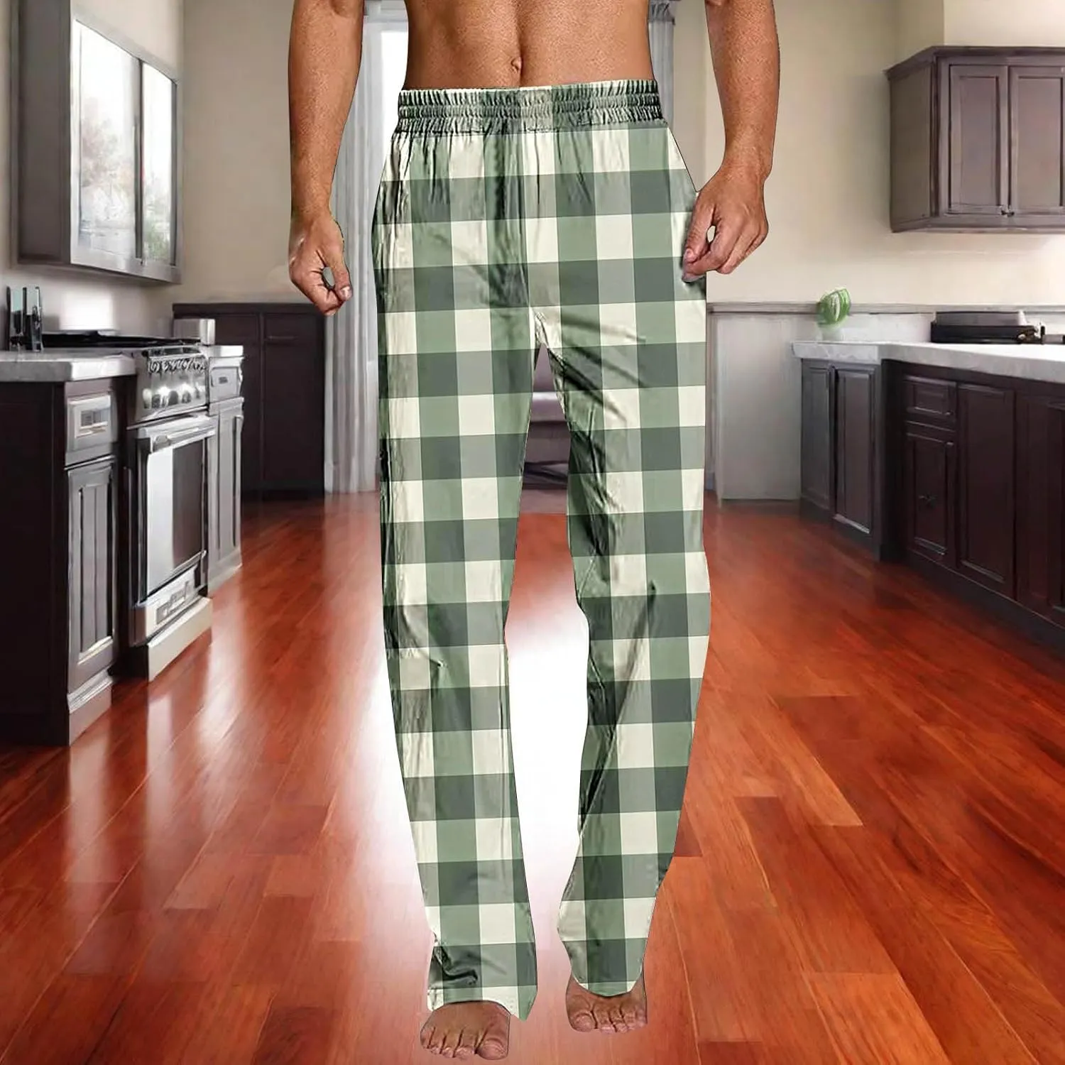 Mens Pajama Pants Trendy Plaid Print Home Pants Elastic Waist Casual Pants Lightweight Straight Leg Slim Fit Trousers