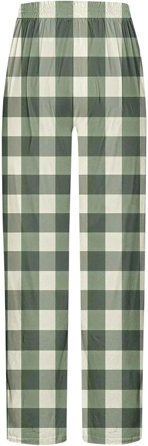 Mens Pajama Pants Trendy Plaid Print Home Pants Elastic Waist Casual Pants Lightweight Straight Leg Slim Fit Trousers