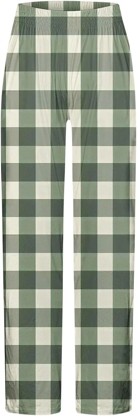 Mens Pajama Pants Trendy Plaid Print Home Pants Elastic Waist Casual Pants Lightweight Straight Leg Slim Fit Trousers