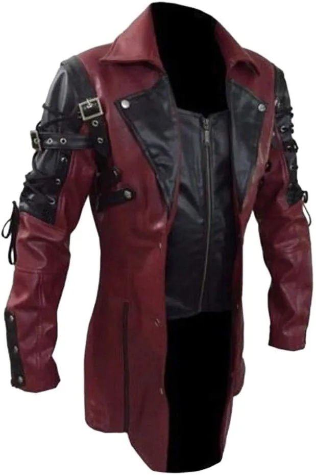Men's Real Black Leather Goth Matrix Trench Coat Classic Retro Steampunk Motorcycle Biker Faux PU Leather Jacket Overcoat