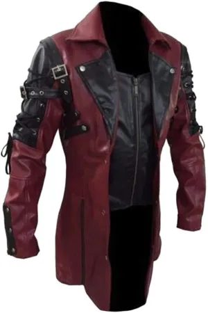 Men's Real Black Leather Goth Matrix Trench Coat Classic Retro Steampunk Motorcycle Biker Faux PU Leather Jacket Overcoat