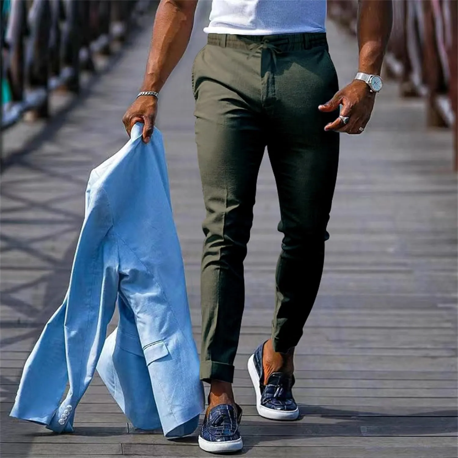 Men's Slim-Fit Flat-Front Stretch Chino Pants Casual Business Skinny Stretch Golf Dress Pants Tapered Leg Pencil Ankle Pants