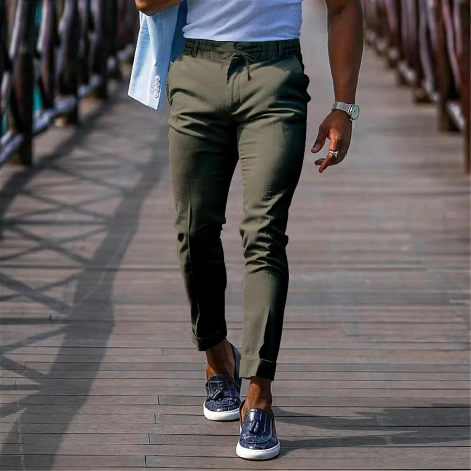 Men's Slim-Fit Flat-Front Stretch Chino Pants Casual Business Skinny Stretch Golf Dress Pants Tapered Leg Pencil Ankle Pants